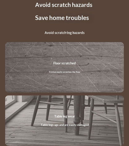 Product advertisement showing scratch hazards on floor and table.