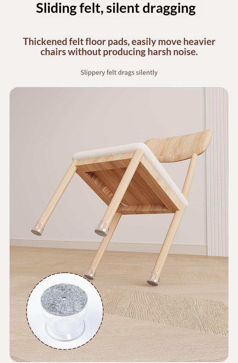 Wooden chair with felt floor pads on a light wooden floor, with text describing the product feature. Furniture chair and table transparent clear leg protectors. Easy to install without glue.